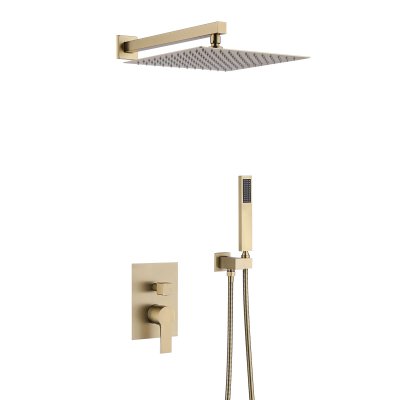 Brass Rainfall Shower System, Luxury Bathroom Shower Faucet Combo Set Brushed Gold