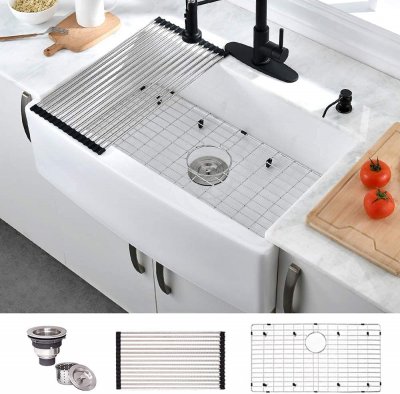 White Kitchen Sink HOSINO Apron Sink Single Bowl Farmers Sink Handcrafted Farm Sink Deep Sink Curved Apron Front