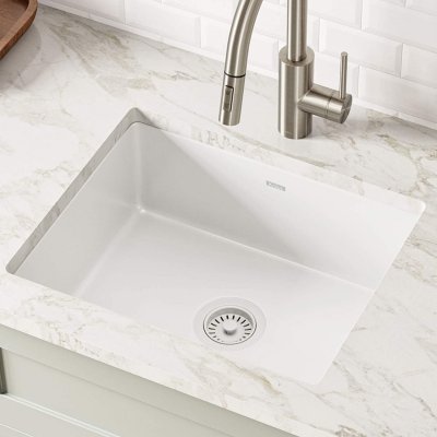 KE1US21GWH Pintura 21-inch Undermount Porcelain Enameled Steel Single Bowl Kitchen Sink, White Square