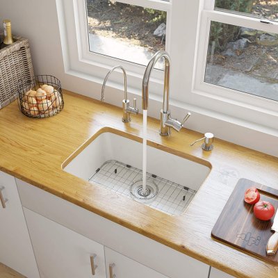 AB503UM-W White Single Bowl Fireclay Undermount Kitchen Sink, 24"