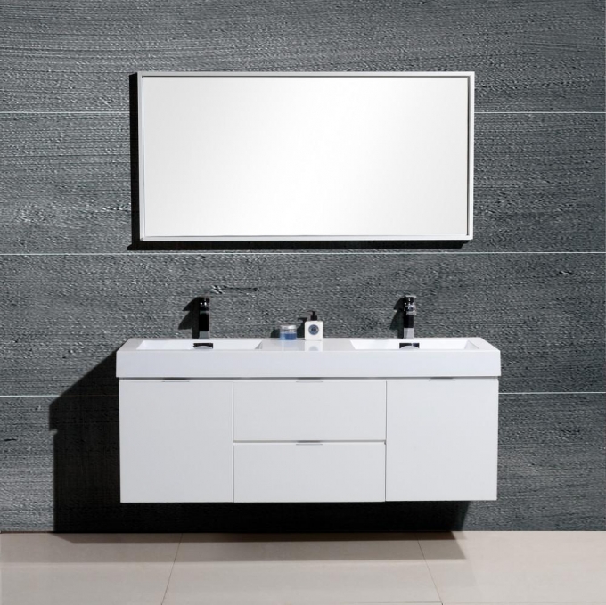 Bliss 60", Kubebath High Gloss White Wall Mount Modern Bathroom Vanity, Double Sink
