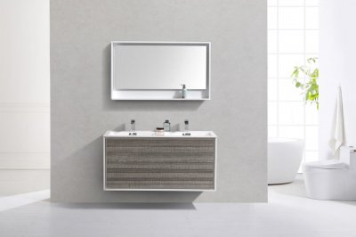 DeLusso 48", Kube Grey Ash Wall Mount Modern Bathroom Vanity, Double Sink