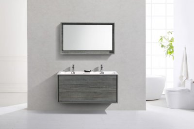 DeLusso 48", Kube Urban Oak Wall Mount Modern Bathroom Vanity, Double Sink