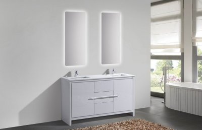 Dolce, KubeBath, 60" High Gloss White Modern Bathroom Vanity w/ Quartz Top, double sink
