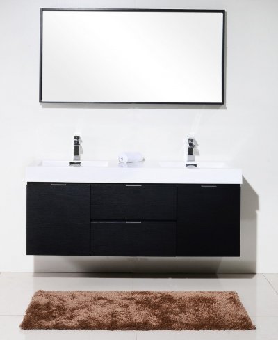 Bliss 60", Kubebath Black Wall Mount Modern Bathroom Vanity, Double Sink