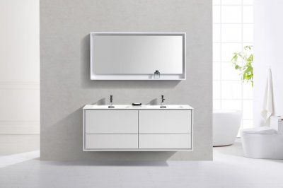 DeLusso 60", Kube Gloss White Wall Mount Modern Bathroom Vanity, Double Sink