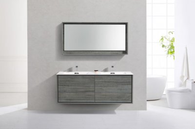 DeLusso 60", Kube Urban Oak Wall Mount Modern Bathroom Vanity, Double Sink
