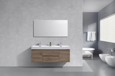 Bliss 60", Kubebath Beachwood Wall Mount Modern Bathroom Vanity, Double Sink