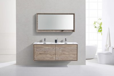 DeLusso 60", Kube Maple Grey Wall Mount Modern Bathroom Vanity, Double Sink