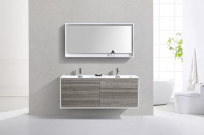 DeLusso 60", Kube Grey Ash Wall Mount Modern Bathroom Vanity, Double Sink