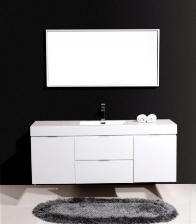 Bliss 60", Kubebath High Gloss White Wall Mount Modern Bathroom Vanity