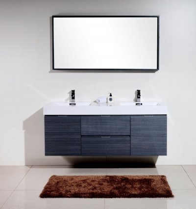 Bliss 60", Kubebath Grey Oak Wall Mount Modern Bathroom Vanity, Double Sink