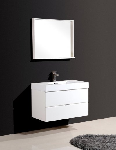 Bliss 36", Kubebath High Gloss White Wall Mount Modern Bathroom Vanity