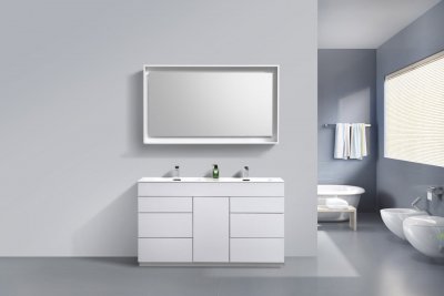 Milano 60" High Gloss White Modern Bathroom Vanity, Double Sink