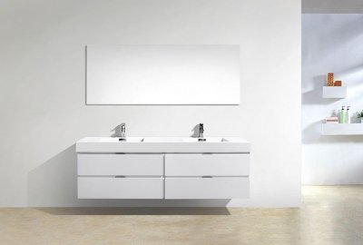 Bliss 72" High Gloss, White Wall Mount Modern Bathroom Vanity, Double Sink