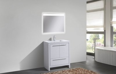 Dolce, KubeBath, 30" High Gloss White Modern Bathroom Vanity w/ Quartz Top