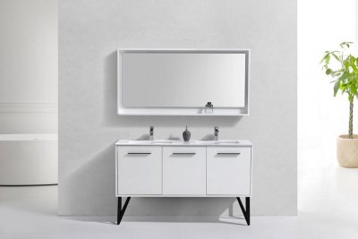 Nella 60" High Gloss White Modern Bathroom Vanity, Double Sink