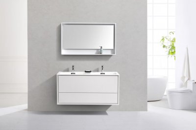 DeLusso 48", Kube Gloss White Wall Mount Modern Bathroom Vanity, Double Sink